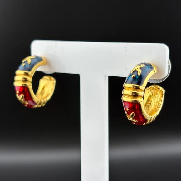 Signed Joan Rivers Gold Tone Red Blue Green Enamel Pierced Hoop Earrings 7/8" - Picture 1 of 3